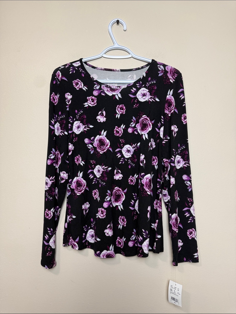 Laura Black Long Sleeve Top with Purple Rose Floral Print size XS